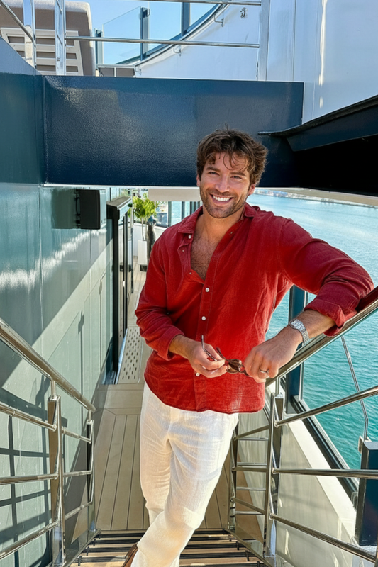 Old Money Riviera Linen Set – Crimson Red Shirt & White Linen Pant