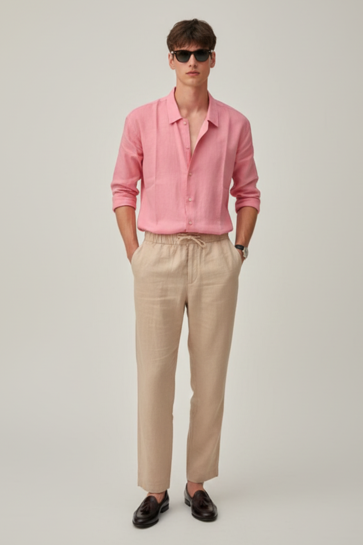 Old Money Linen Set – Blush Pink Shirt & Sand Linen Pant