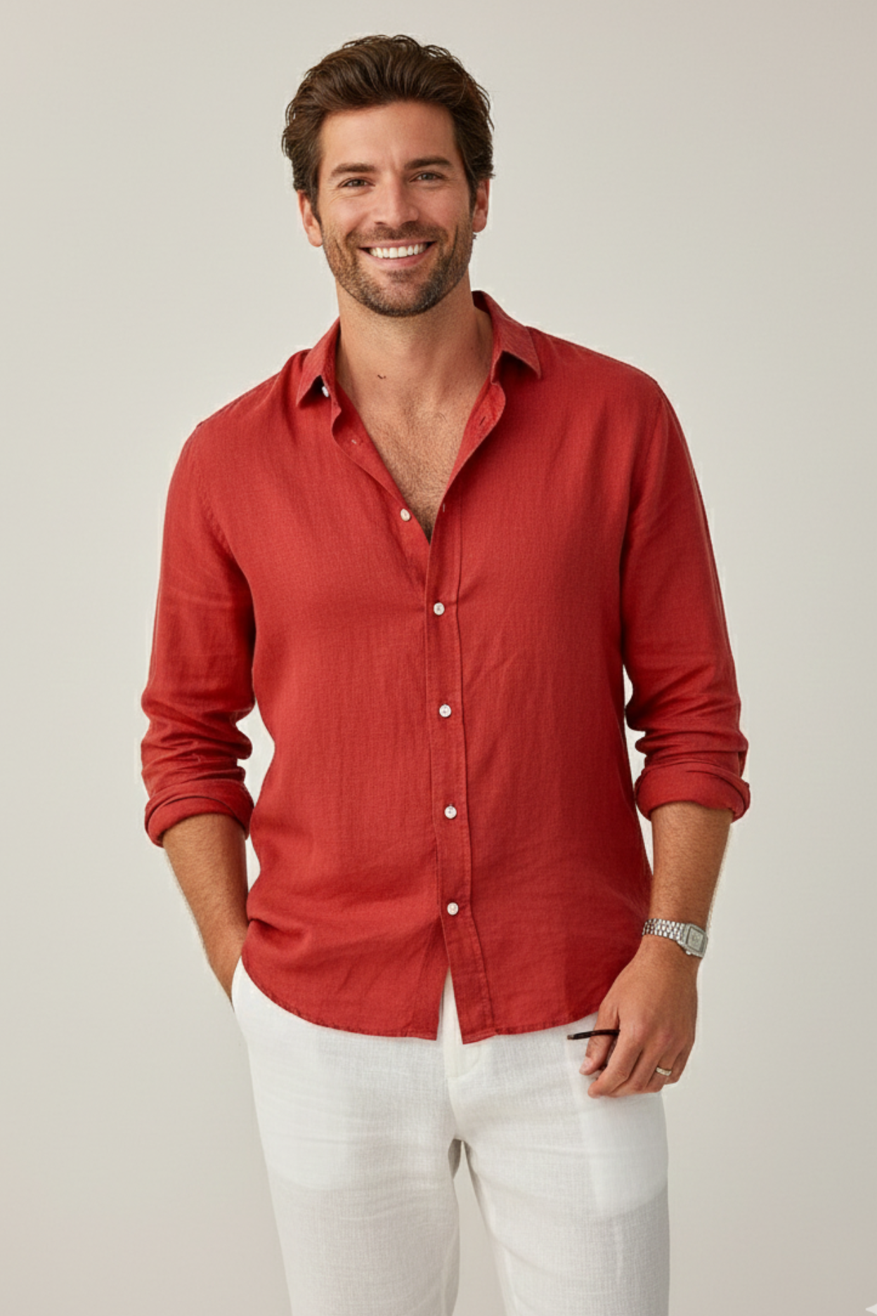 Old Money Riviera Linen Set – Crimson Red Shirt & White Linen Pant