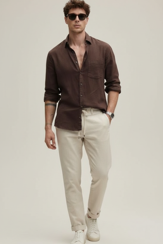 Old Money Linen Classic Set – Cocoa Brown Shirt & Ivory Linen Pant