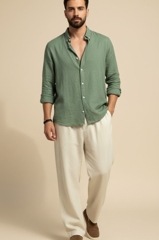 Old Money Linen Summer Set – Sage Green Shirt & Ivory Linen Pant