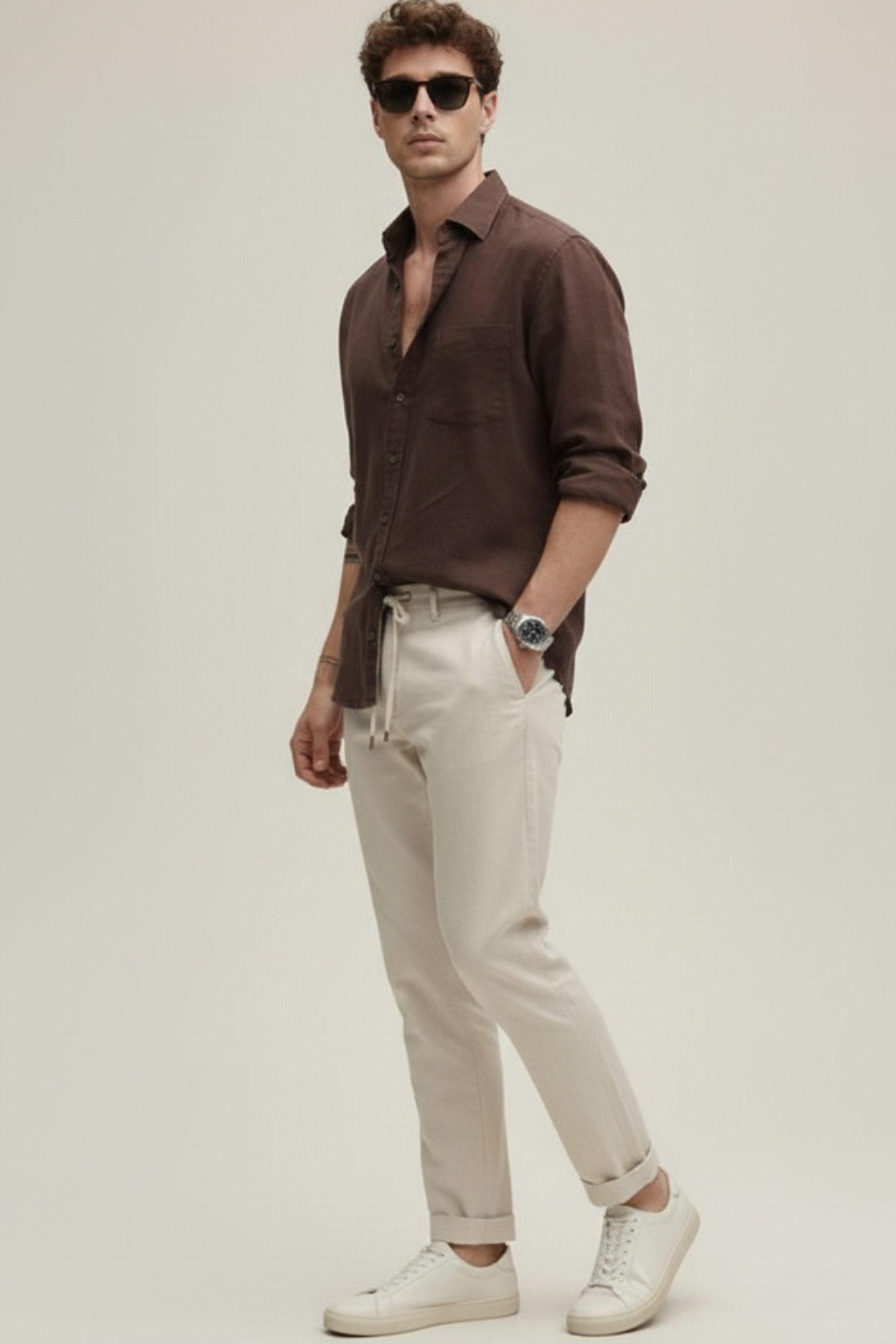 Old Money Linen Classic Set – Cocoa Brown Shirt & Ivory Linen Pant