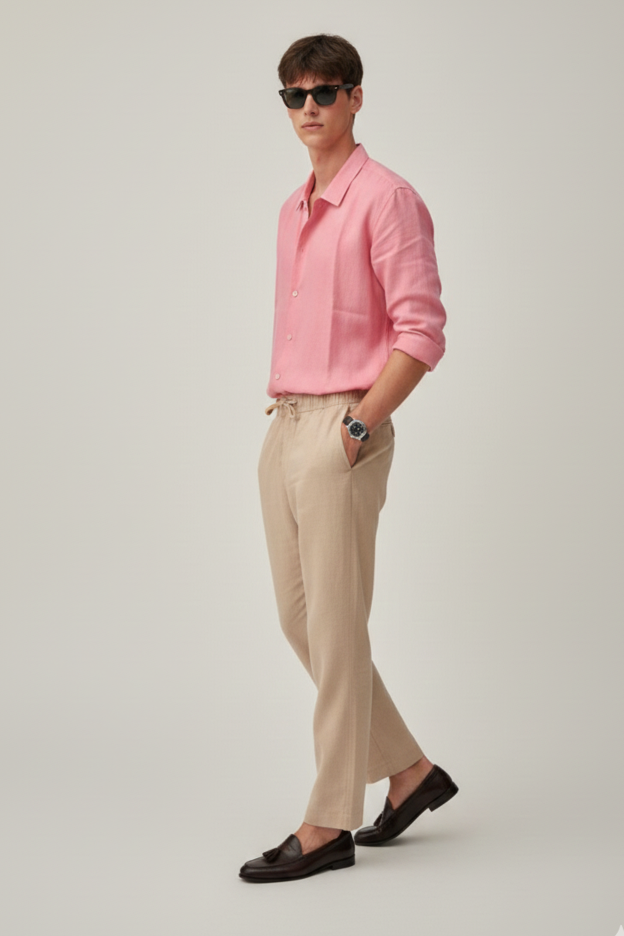 Old Money Linen Set – Blush Pink Shirt & Sand Linen Pant